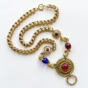 Vintage Claire Deve Byzantine Style French Gilt Chain Cabochon Necklace